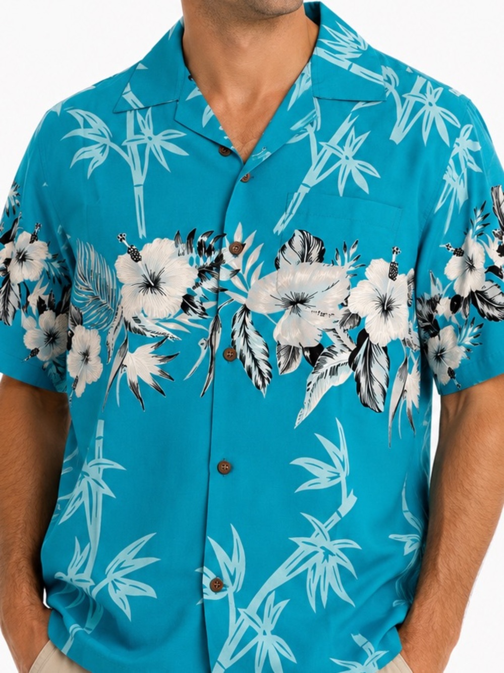 Alvish Turquoise Hawaiian Aloha Camp Shirt Men’s Medium Floral Bamboo Print